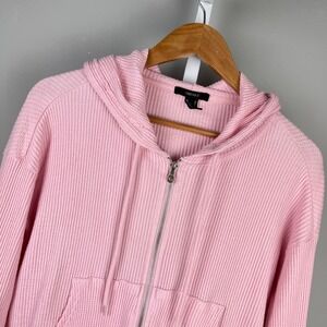 Forever 21 Thermal Waffle Knit Cropped Hoodie Womens M Pink Jacket Zip Up
